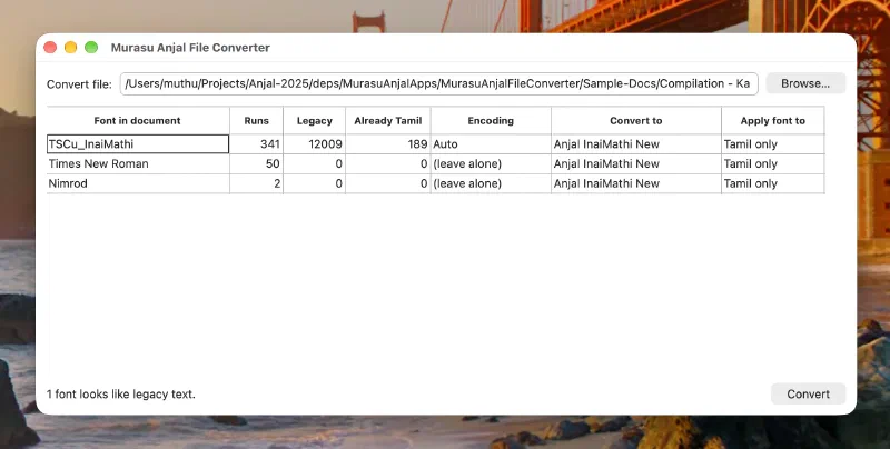 The Murasu Anjal File Converter window on macOS, with the Apply font to column
